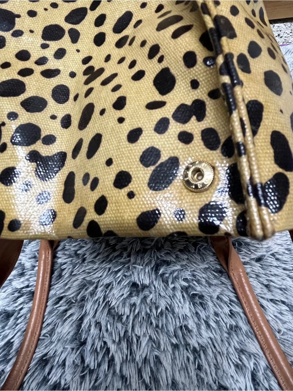 Tory Burch Vintage Ella Tote Animal Print Tan Leather Shiny Coated Canvas Fair